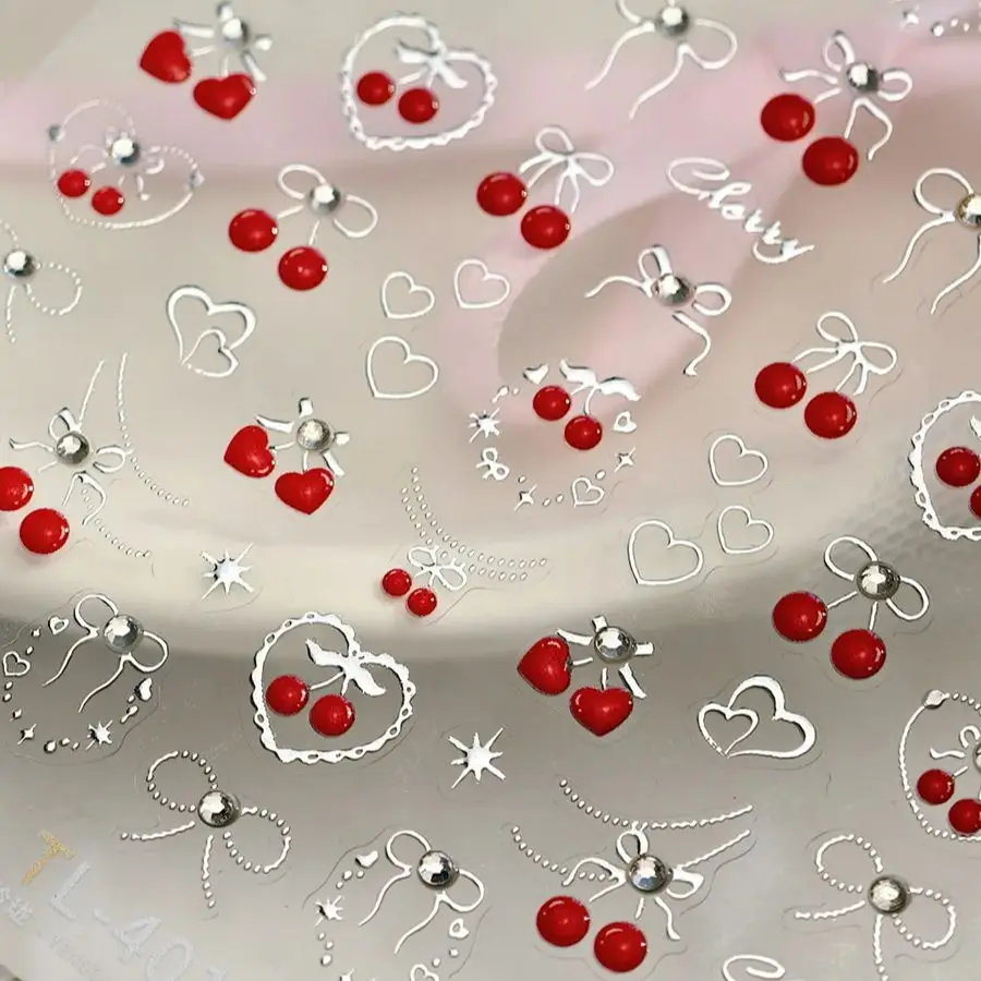 

Shiny Rhinestone Red Cherry Silver Stamped Bowknot Stars Love Heart 3D Jelly Self Adhesive Nail Art Sticker Cute Manicure Decals