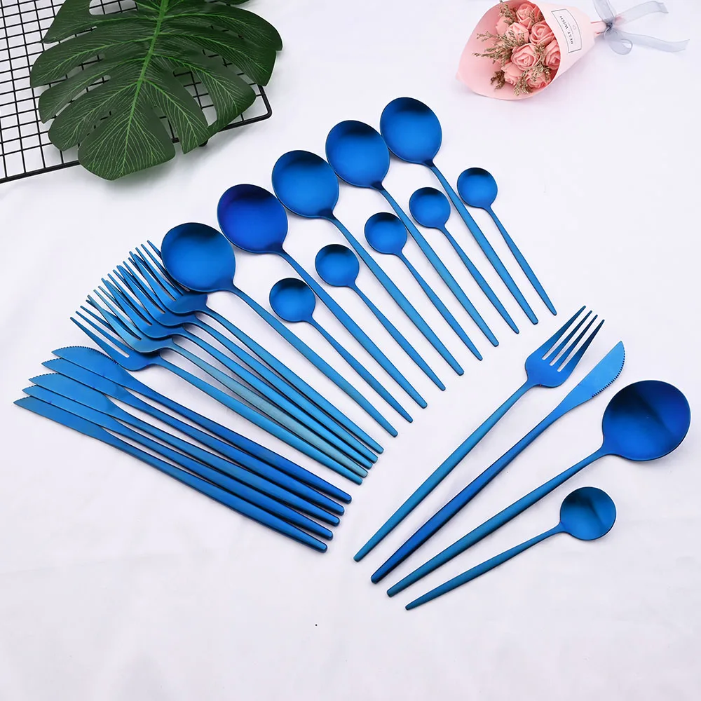 

Matte Blue 24Pcs Tableware Stainless Steel Dinnerware Cutlery Set Gold Dinner Knife Spoon Fork Silverware Kitchen Flatware Set