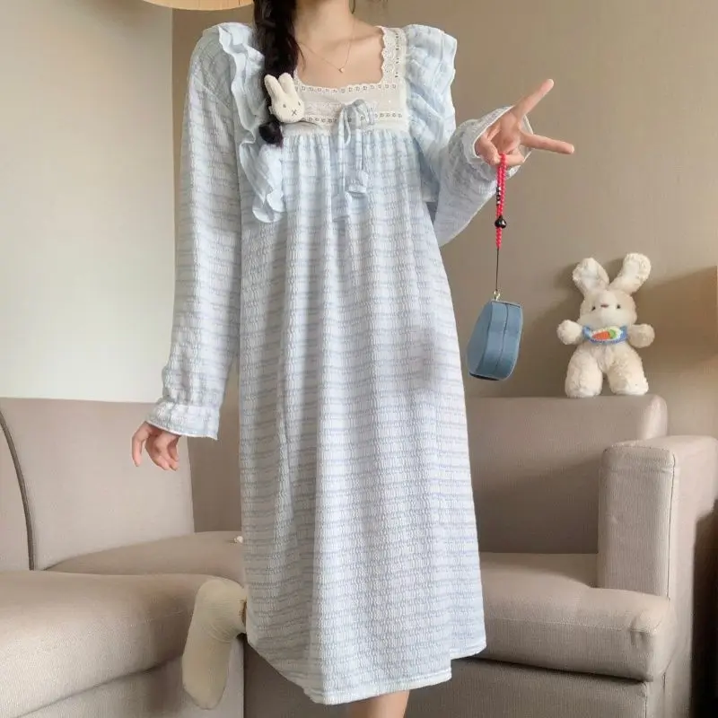 

2025 Autumn Long Sleeve 100% Cotton Lace Nightgowns for Women Korean Casual Striped Sleepwear Night Dress Nightdress Home Nighty