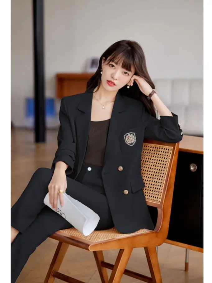 Women Elegant Work Blazer Suit Noted double breasted Jacket Coat Top And Pant Two Piece Set Matching Outfit Office Lady Clothing