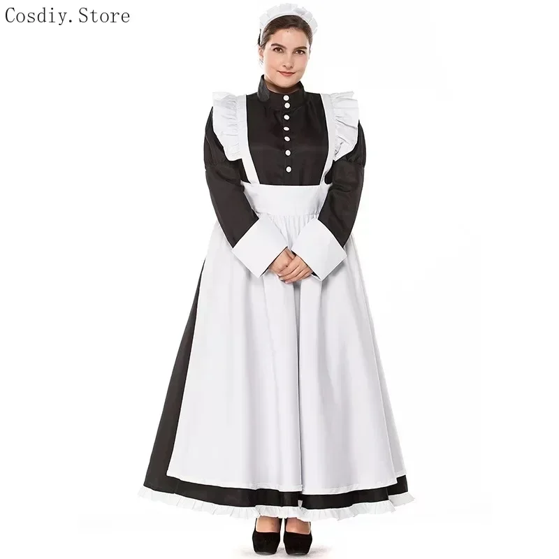 S-XXL Colonial Victorian Maid Halloween Costume Women Servant Festival Carnival Cotton Dress Housekeeper Apron Outfit For Adult