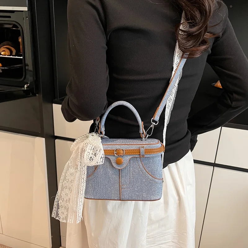 

2025 Denim Box Bag for Women Adjustable Crossbody Strap Shoulder Purse with Top Handle Work to Weekend Tote