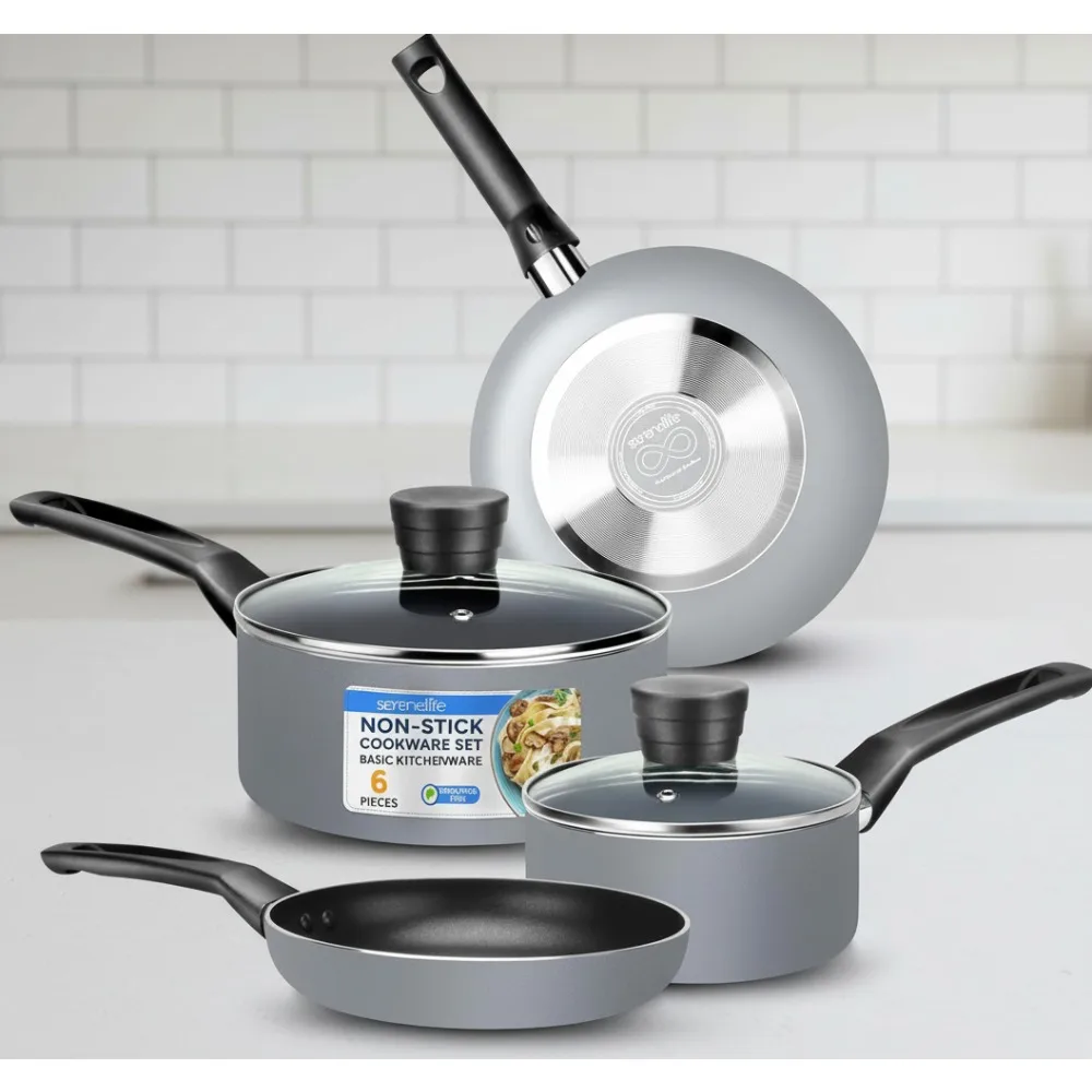 

Набор посуды с антипригарным покрытием из 6 предметов с термостойкими ручками и крышками из закаленного стекла — идеально подходит для домашних повара и ежедневной кухни