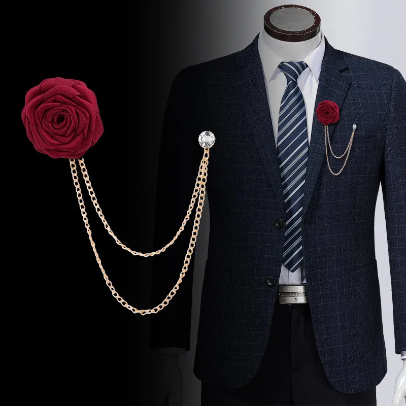 Bridegroom Boutonniere Wedding Corsage Cloth Hand-Made Rose Flower Brooch Lapel Pin Badge Tassel Chain Men's Suit Accessories