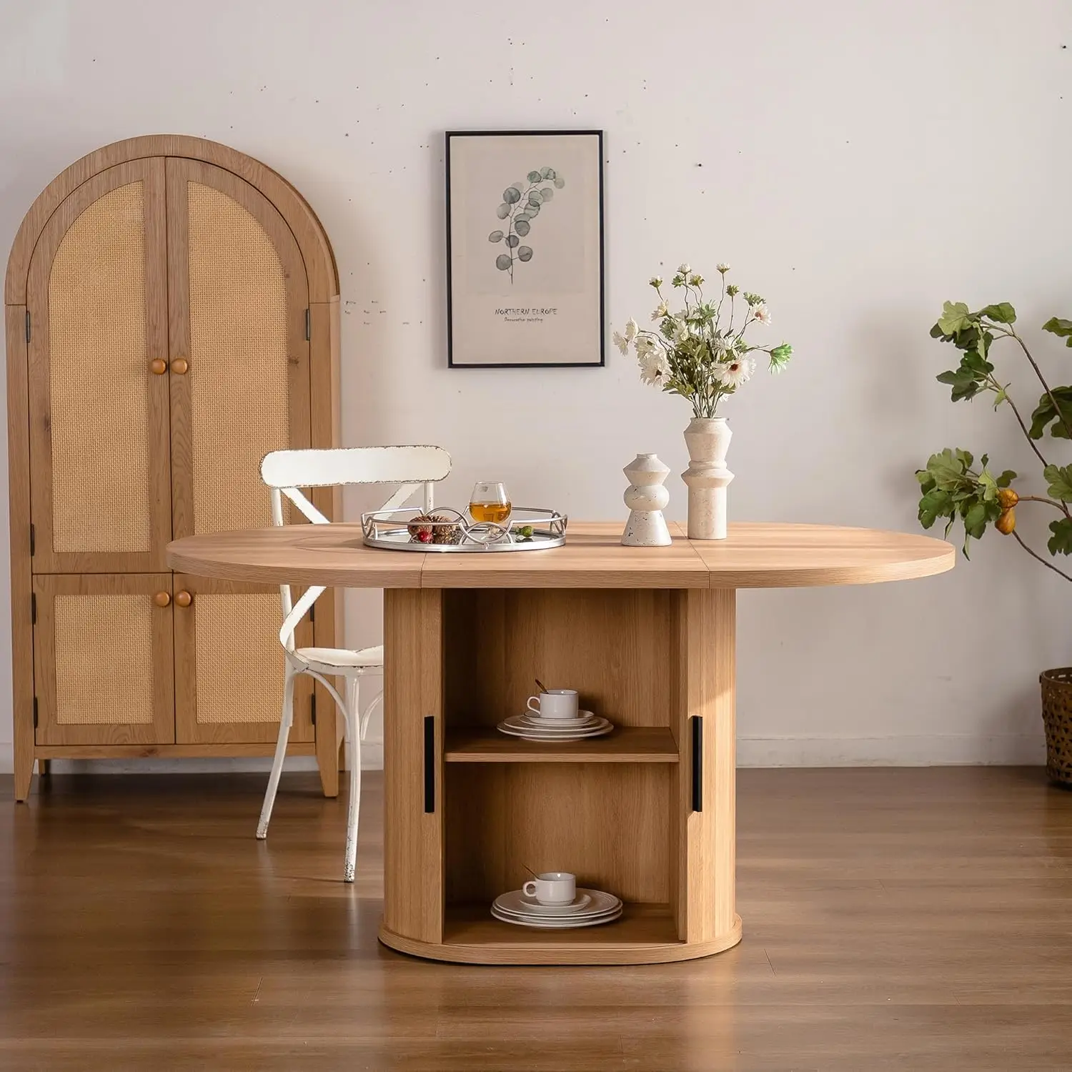 

Овальный обеденный стол, 4-местный, 2-слойная полка для хранения, ящик, раздвижная дверь, деревянная полоса, основание для кухни, гостиной, натуральный дуб, по индивидуальному заказу