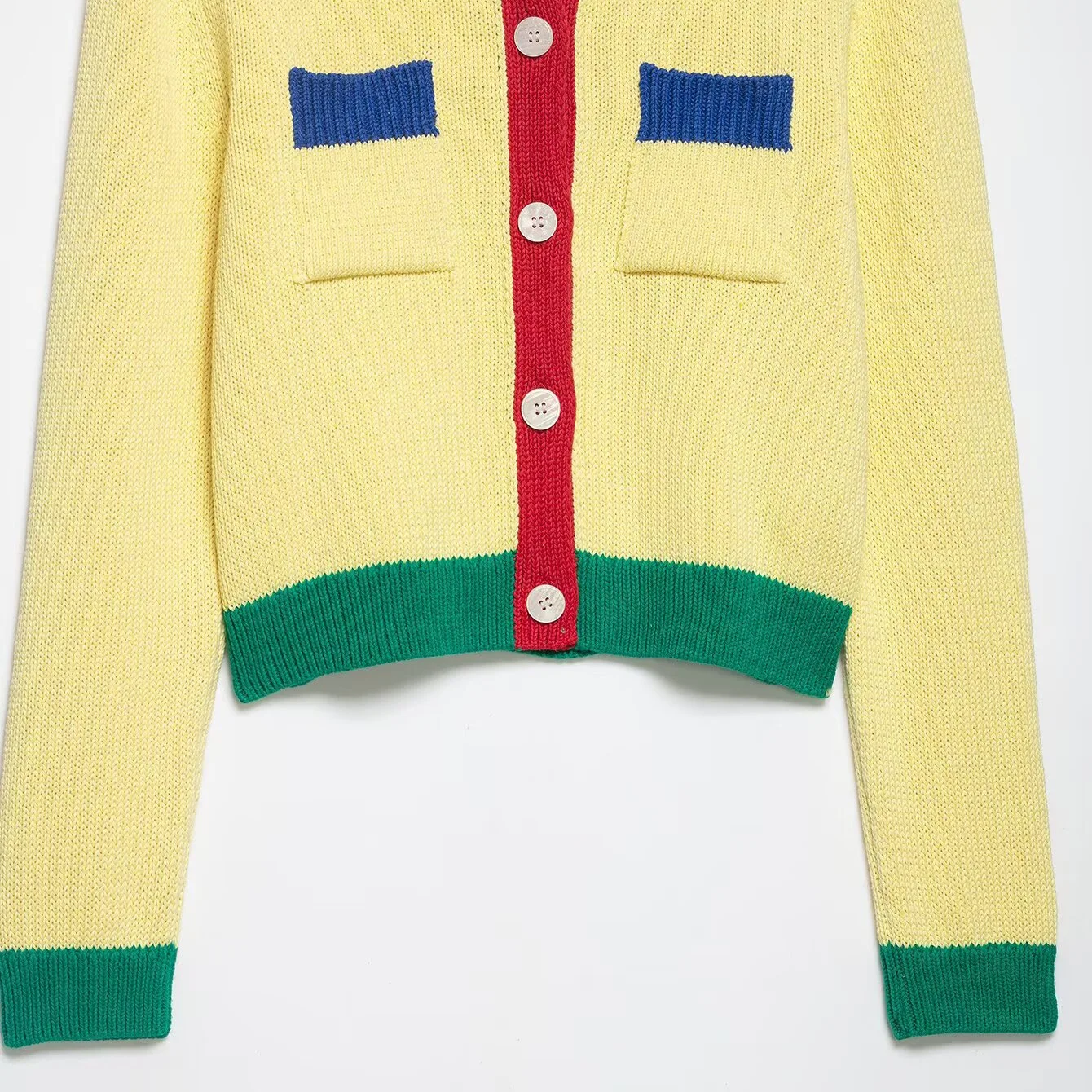 Color Block Contrast Knit Cardigan Round Neck Yellow Base Red Placket Green Cuff Hem Blue Pocket Cropped Women Sweater Outerwear view 4
