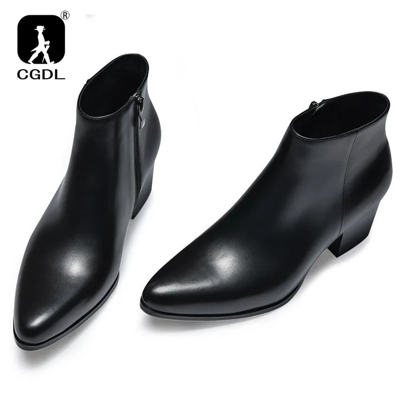 Men Ankle Boot High Heel Genuine Leather Men\'s Shoe Fashion Pointed Toe Dress Wedding Male Shoes Side Zipper Basic Boots for Men