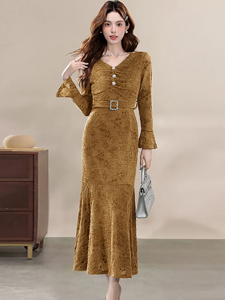 2025 Purple Lace Jacuqard Floral Bandage Dress Women Elegant Ruffled Luxury Long Dress Autumn Winter Korean Vintage Party Dress