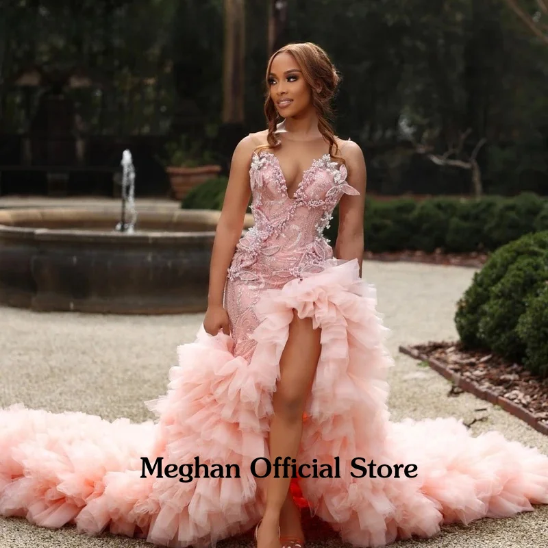 Meghan personalizado glitter rosa babados sereia vestido de baile preto meninas alta fenda floral cristal frisado festa aniversário vestido