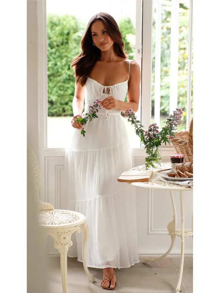 2025 New Fashion Vintage Boho White Dress Women Solid Color Sexy Strap Backless Tie-Up Elegant Party Beach A-line Long Dresses