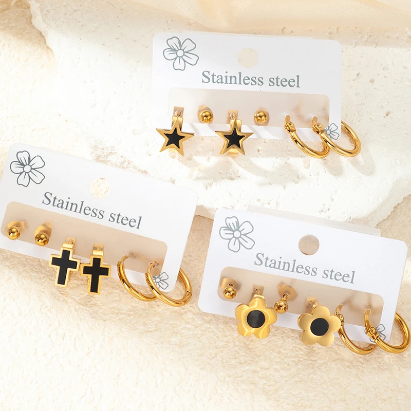 ENSHIR 316L Stainless Steel 6 Pieces Star Cross Flower Pendant Earrings For Women French Special Jewelry Gifts Wholesale