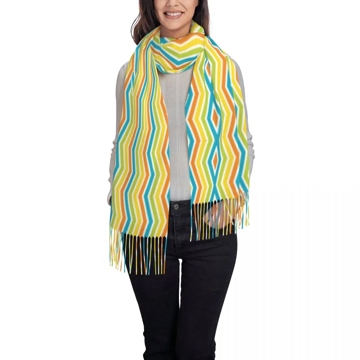 Zigzag Lines Colorful Pattern Scarf Wrap Women Long Winter Warm Tassel Shawl Unisex Scarves