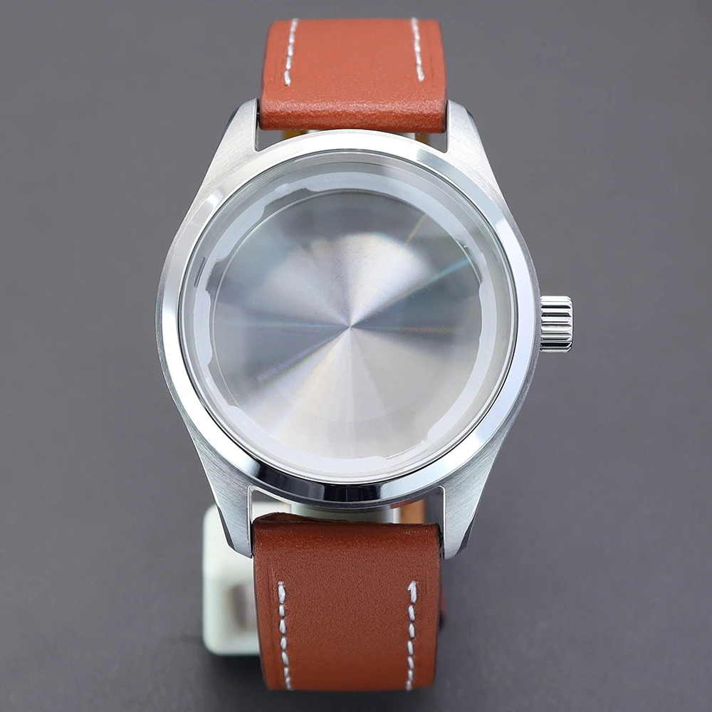 40mm NH35 시계 스테인리스 스틸 케이스 가죽 스트랩 (nh34, nh35, nh36, nh38, 4R36, ETA 2824 무브먼트 호환) 실버/블랙 케이스 방수