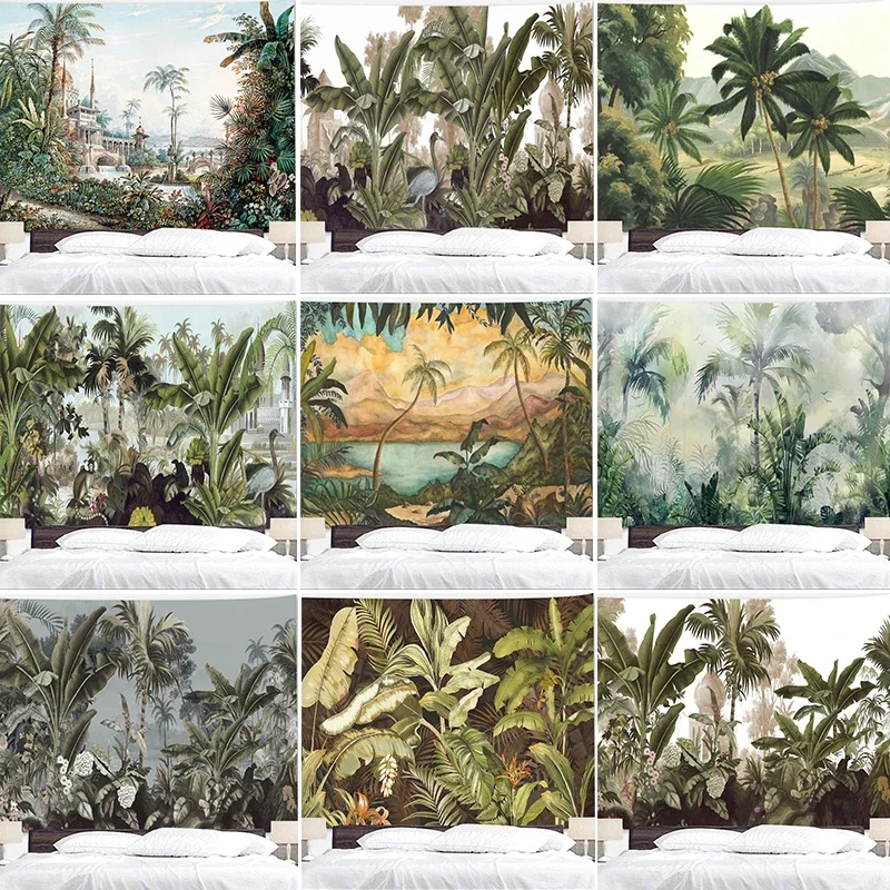 Tropical Plant Printed Tapestry Wall Hanging Palm Tree Home Bedroom Fabric Painting Background  Carpet