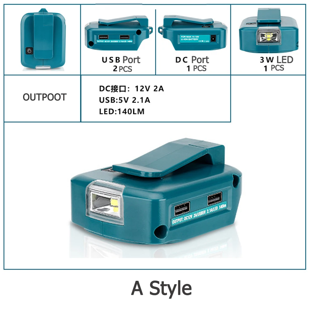 Podwójny Adapter portu USB do Makita litowo-jonowy 14.4V 18V BL1850 BL1860, konwerter ze światłem LED