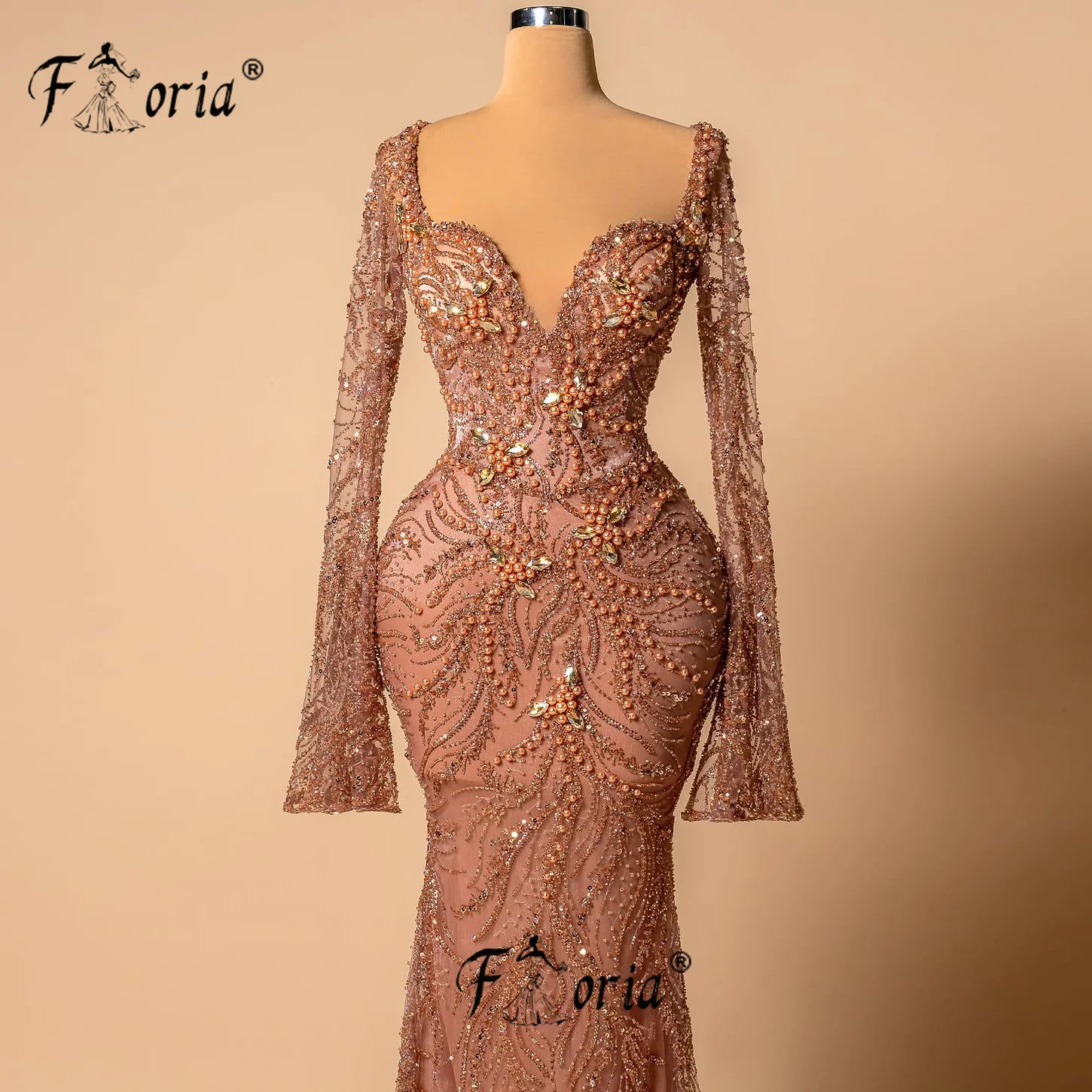 فستان سهرة فاخر بحورية البحر من الدانتيل المطرز باللون البني لؤلؤ شفاف من خلال فساتين لحضور الحفلات الموسيقية رداء حفلات رسمي Vestidos de fiesta فام 2025