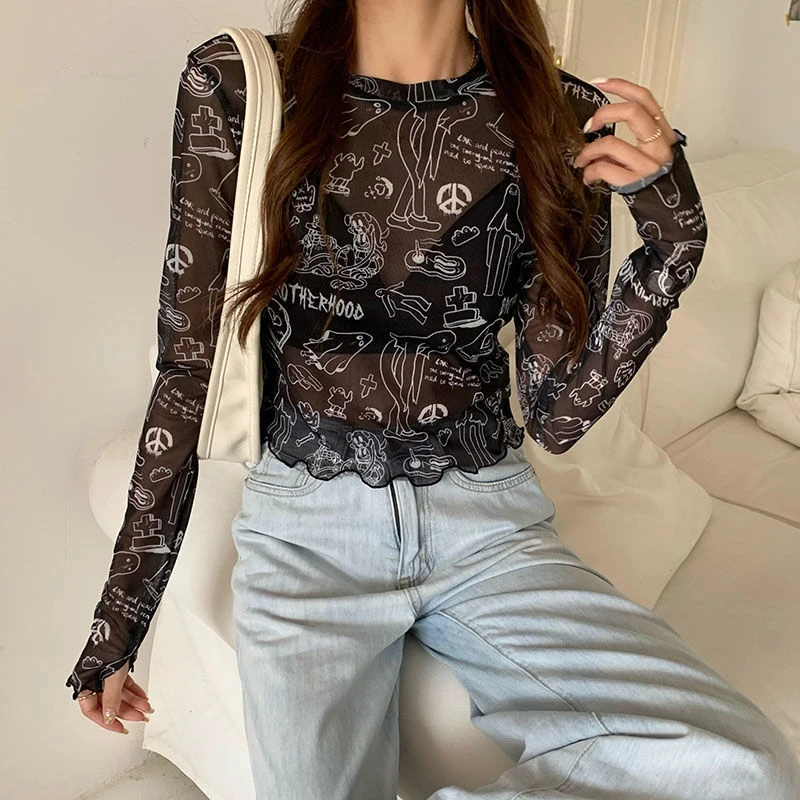 MEXZT Y2K Mesh Sheer T Shirts Women Streetwear Cartoon Print Crop Tops Korean Sexy See Through Long Sleeve Slim Chic Tees New