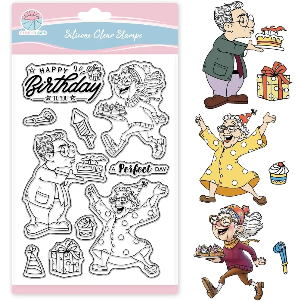 Lustiger Cartoon-Geburtstags-Stempel für ältere Menschen, für Scrapbooking, Cartoon-Großmutter und Opa, Silikonstempel, Geschenk, transparent