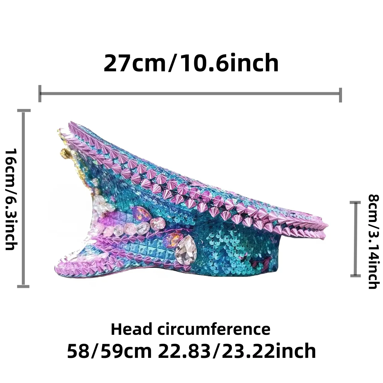 HongLuan Yellow Laser Leather Loop Captain Hat Rhinestone & Military Caps for Woman, Rave Festivals Accessories ＆ Party Cap Man