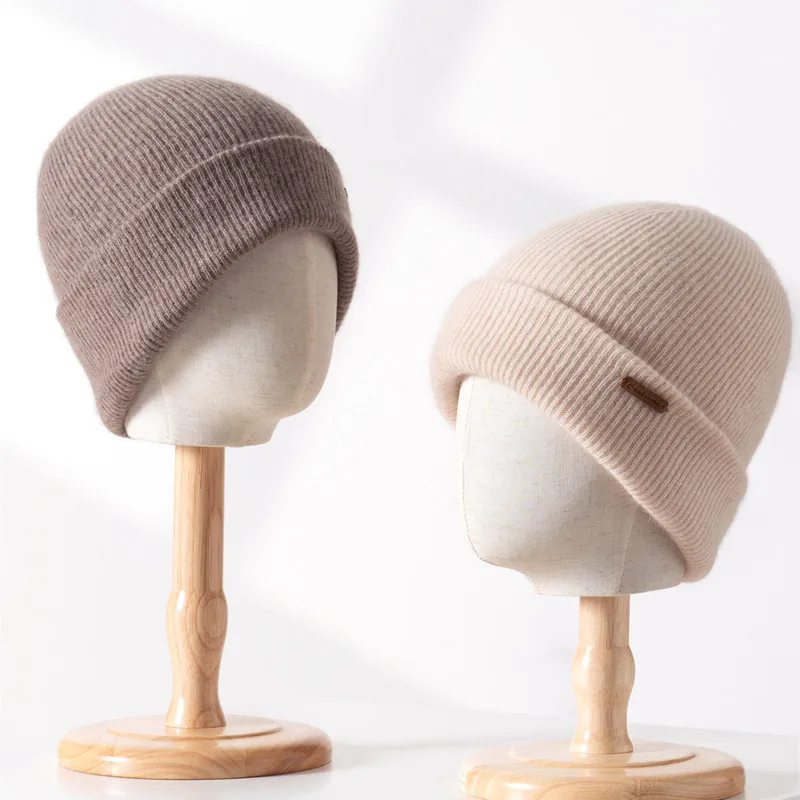 Winter New Women Hat 100% Cashmere Knitted Headgears Soft Warm Hats Lady Casual Double Layered Cap Quality Cashmere Cap Beige