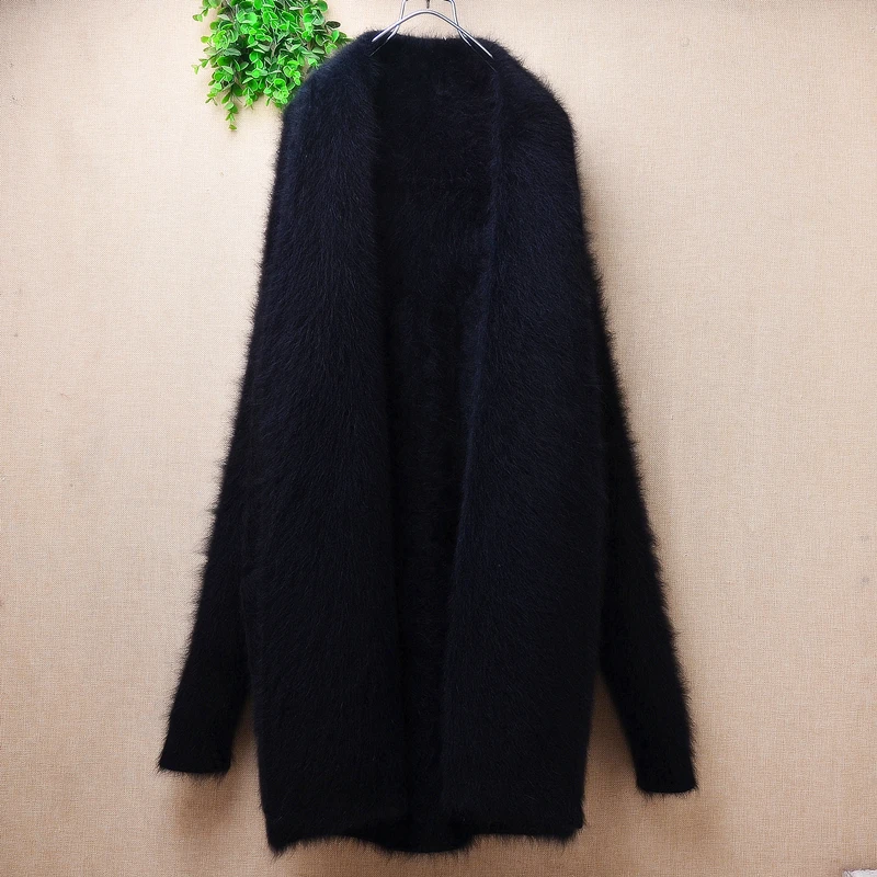 

Women Mujer Autumn Winter Thick Warm Black Hairy Mink Cashmere Knitted Long Sleeves Loose Long Sweater Cardigans Mantle Jacket