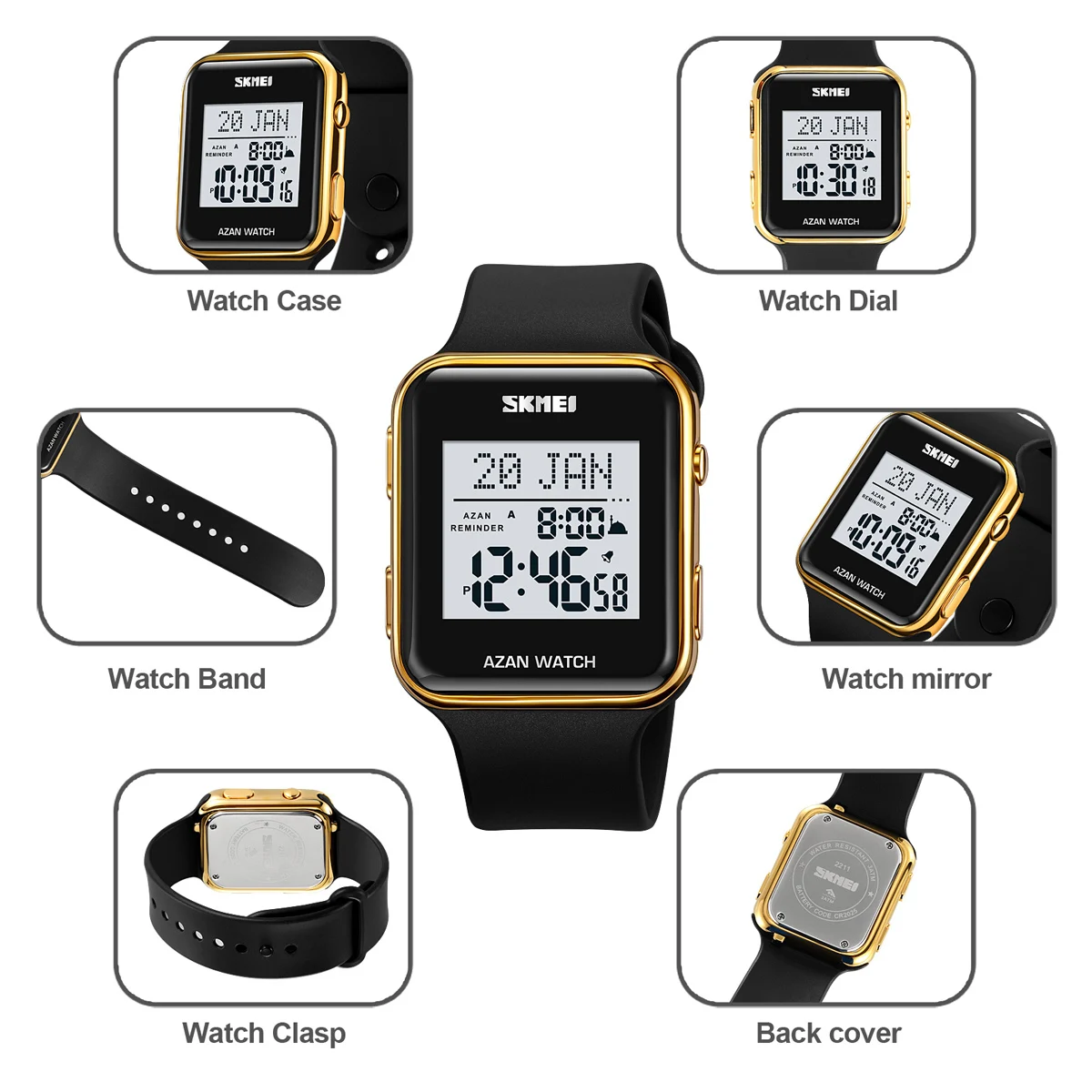 SKMEI Muslim Digital Watch For Men Women Led Light Display Watches Pilgrimage Time Reminder Direction Function Wristwatch