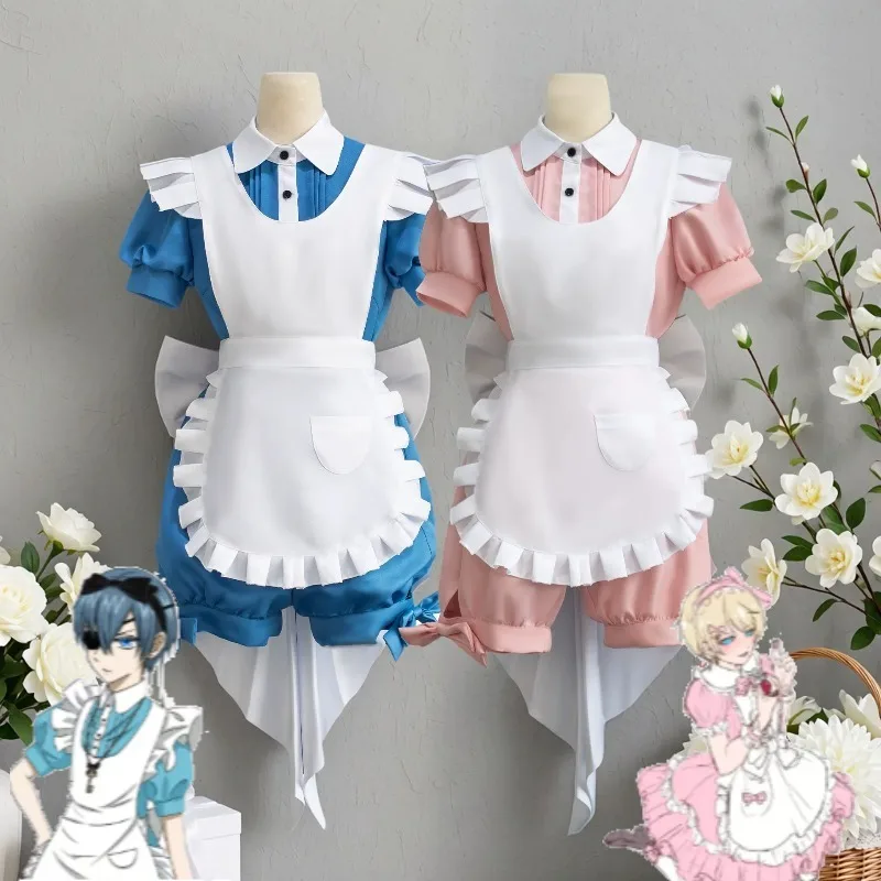 

Blue Lolita Maid Dress Cosplay Costume Black Butler Ciel Phantomhive Alice Wonderland Outfit Full Set for Women Halloween