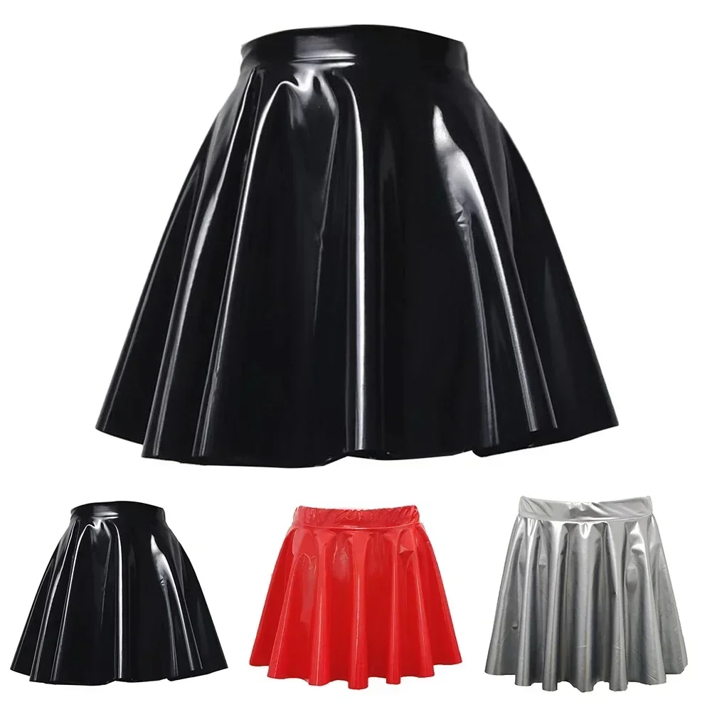 Jupe de club plissée en cuir PVC brillant pour femmes, miroir féminin, vêtements Wlwear réguliers, noir, danse, 03