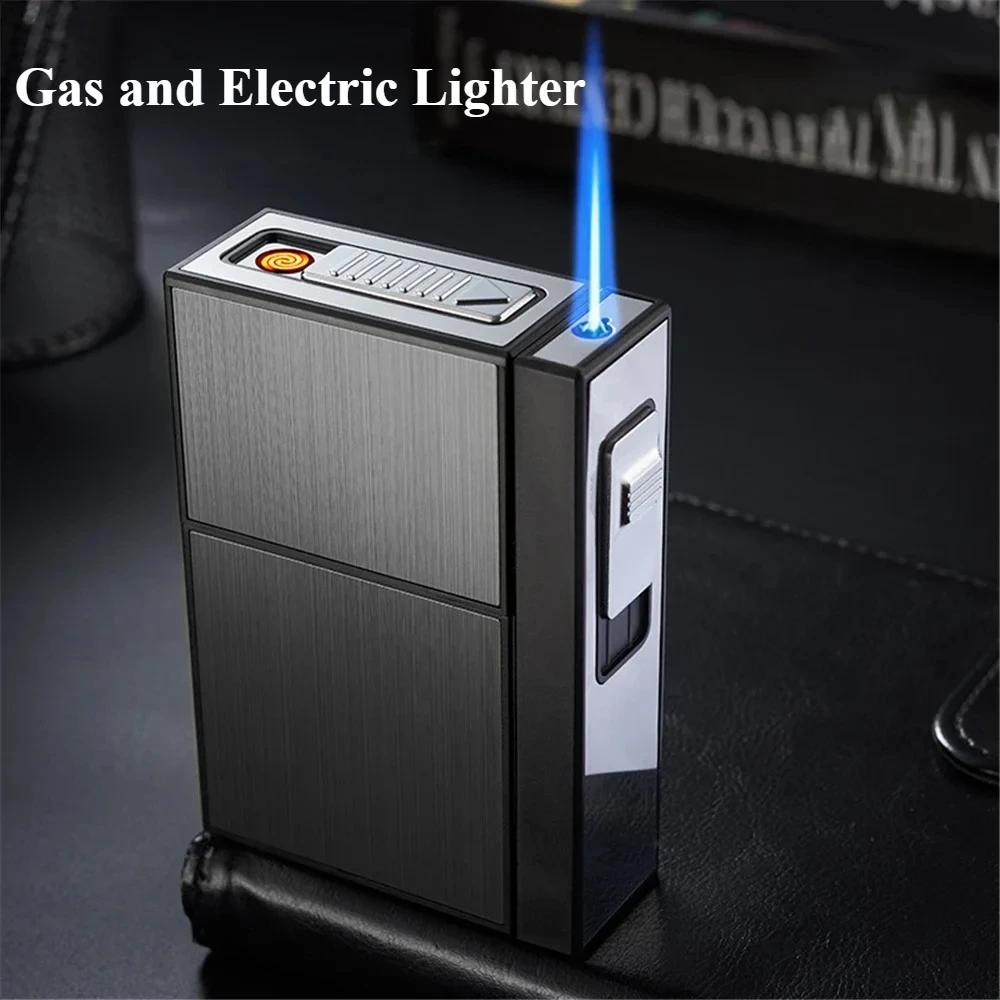 2024 Metal Cigarette Case USB Lighter Windproof Jet Rechargeable Gas Lighter Box of 20 Men\'s Gadget Smoke Accesoires