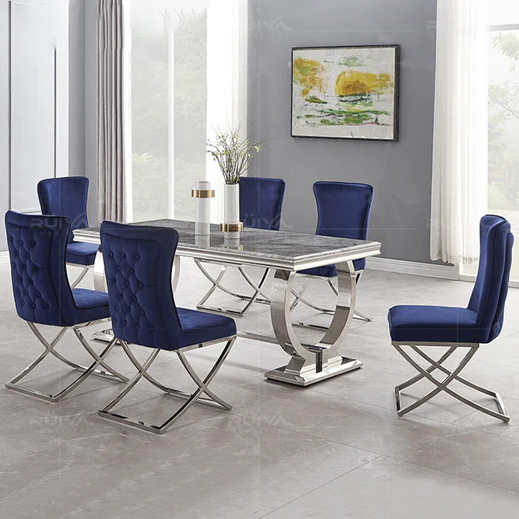 Modern light luxury marble dining table and chair combination Italian rectangular eating table simple household stainless steel