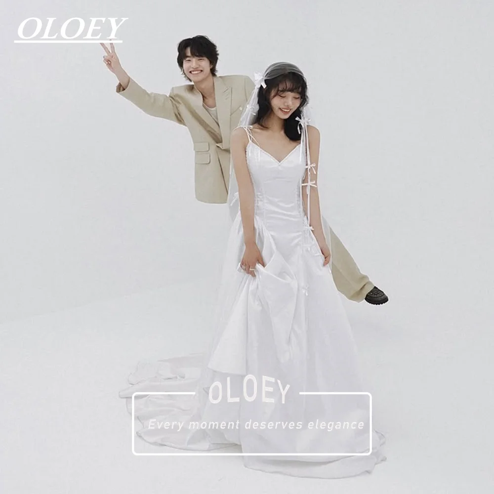 OLOEY Simple White A Line Taffeta Wedding Dress V Neck Spaghetti Straps Korea Photo Shoot Bridal Gown Robe De Mariage Customized