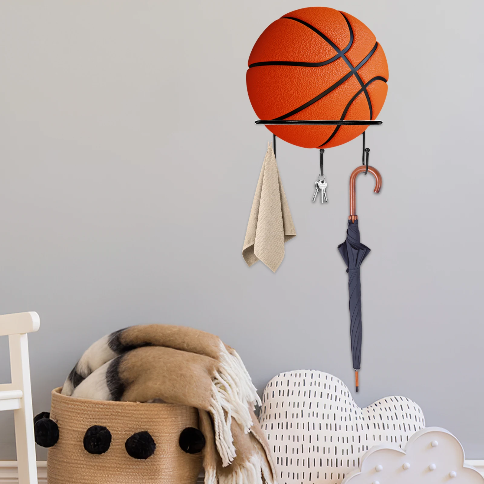 

2pcs Wall Mount Basketball Holder Sports Balls Display Rack Football Rugby Sturdy Iron Wall-Mounted Ball Stand Household Gym