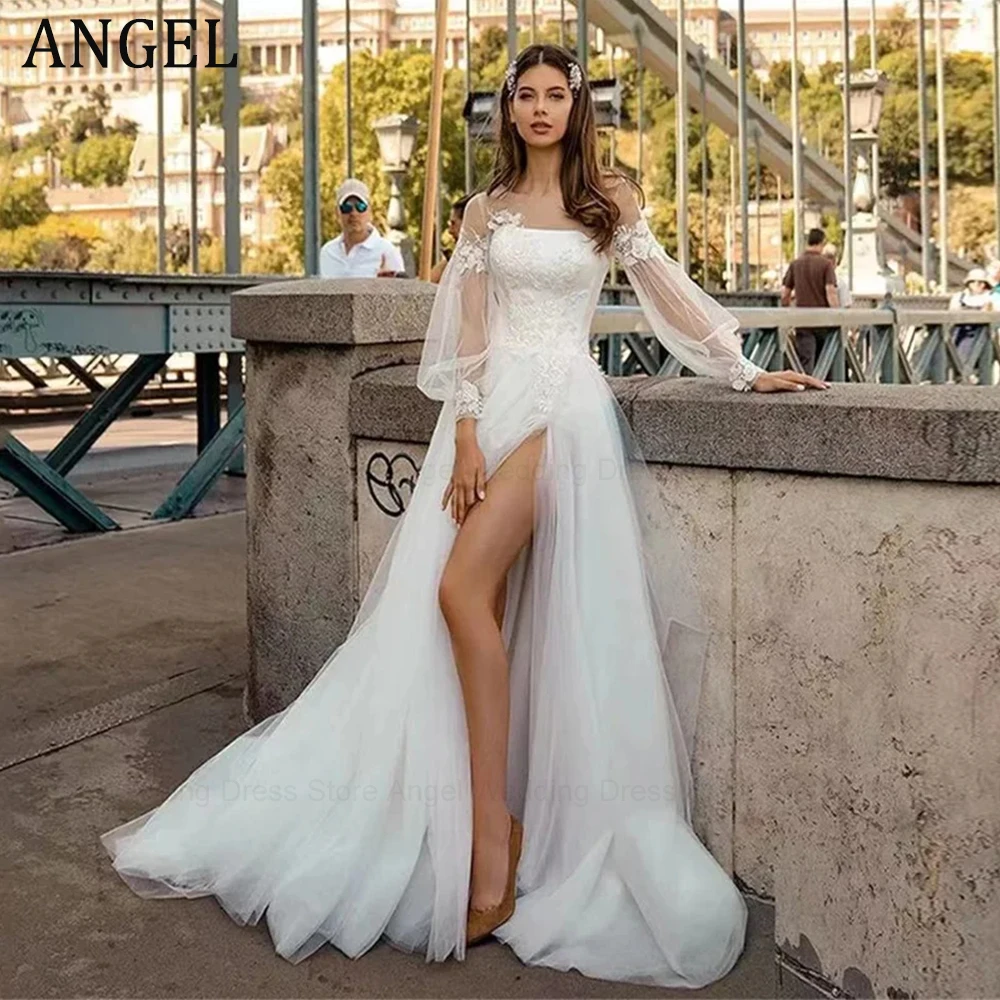 

ANGEL Bohomain Wedding Dress For Bride Puff Sleeves Scoop Neck Tulle Lace Appliques High Slit A Line Princess Bridal Gowns