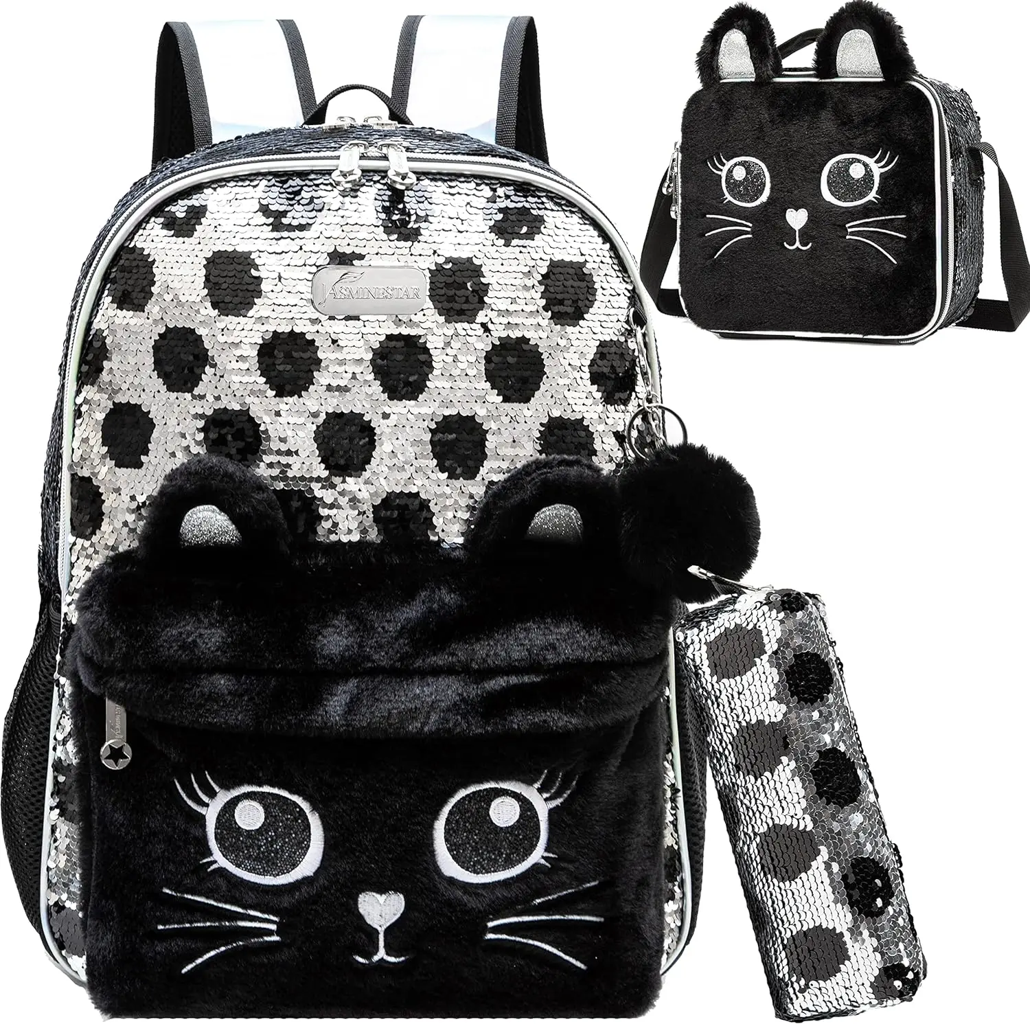 Meetbelify Cute Cat Backpack for Girls Sequin School Backpacks with Lunch Box for Elementary Students Kids Travel Bookbag Set