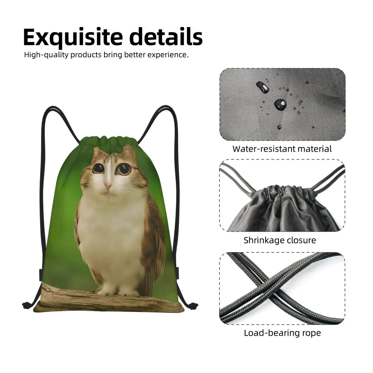 Meowl Cat Owl Funny Internet Trendy Meme Drawstring Backpack Sports Gym Bag String Sackpack for Exercise