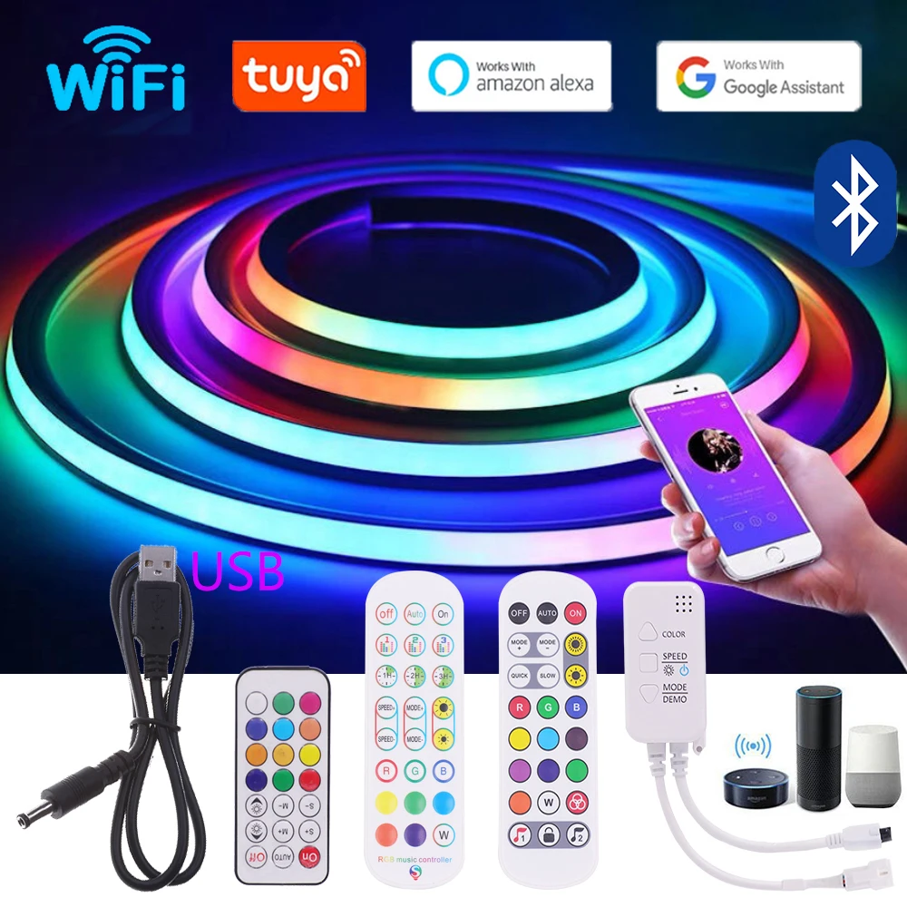 Usb Led Strip Licht Rgbic Dreamcolor Neon Licht 5V Ws2812b Adresseerbare 0.5-5M Tuya Wifi Bluetooth Controle Licht Voor Tv Slaapkamer