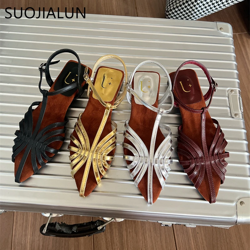 SUOJIALUN 2024 Summer New Brand Women Sandal Fashion Narrow Band Ladies Elegant Slingback Sandals Flat Heel Dress Mules