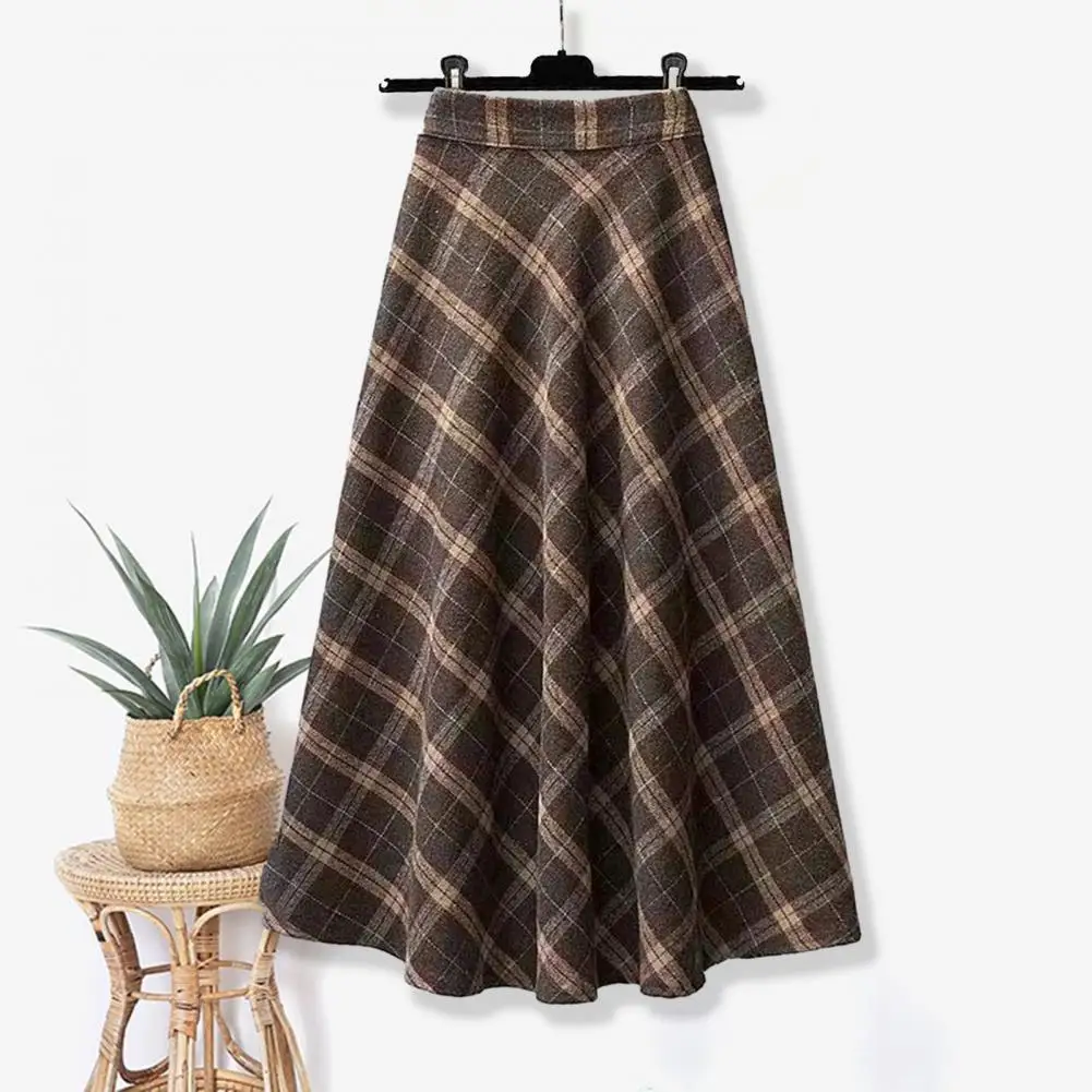 Winter Large Hem Skirt Plaid Print A-line Midi Skirt with High Elastic Waist Thick Warm Soft Shirring for Fall Winter Women's