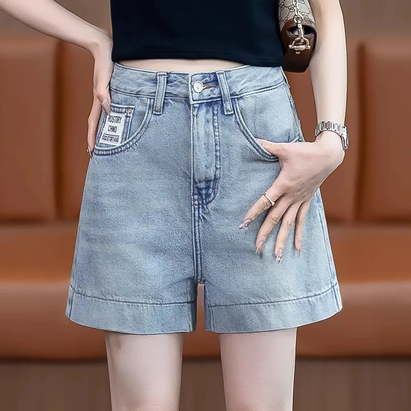 

High Waist Denim Shorts for Women Summer Thin Small Size Korean Style Casual Wide Leg Hot Pants Embroidery