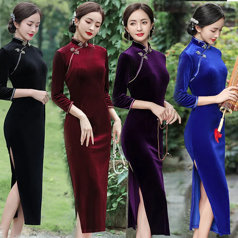 

Traditional Mandarin Collar Qipao New Chinese Style Autumn Winter Velvet Cheongsam Large Size 3XL 4XL 5XL Vintage Novelty Dress