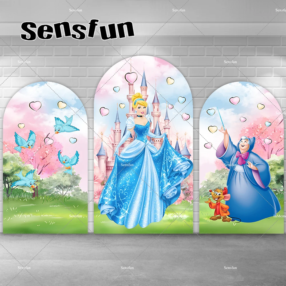 Disney Cinderella Princess Arch Backdrops Blue Dress Blonde Princess Background Girls Birthday Table Banner Covers Supplier