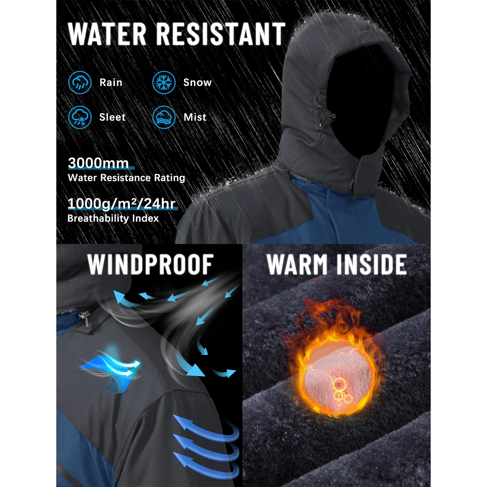 Men's Winter Ski Jacket Waterproof Insulated Fleece Lined Snowboard Parka Hooded Thermal Snow Coat