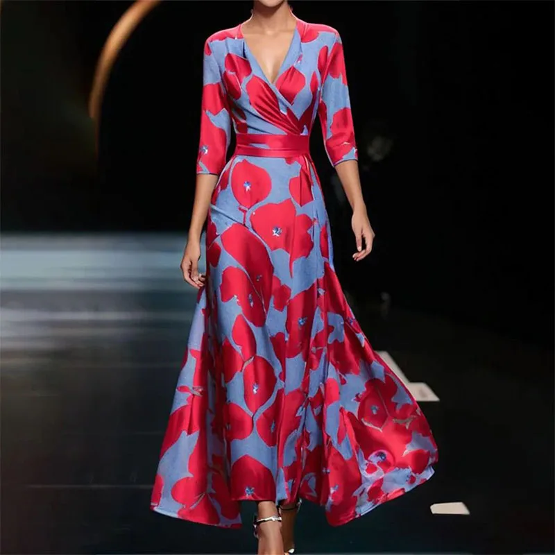 

Women Elegant Pattern Print Waist Bohe Dress Sexy Deep V-neck Half Sleeve Evening Party Dress Summer Fashion Pleated Long Dress