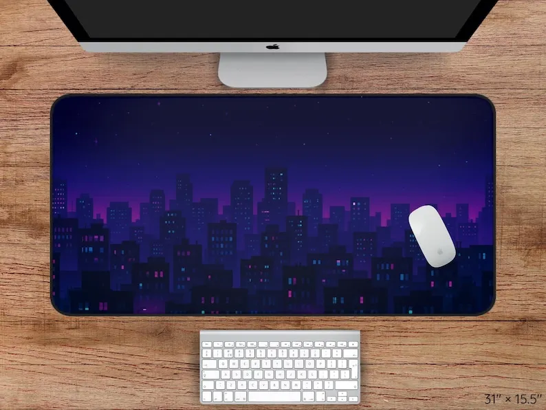 Neon City Deskmat,low-fidelity Pixel Cityscape Desk Mat,night Skyline Mouse Pad with Neon Windows,large Desk Mats,pixel Mousepad