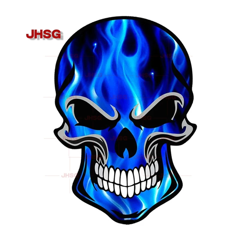 JHSG Fashion Motorcycle Gothic Skull with Electric Blue Flame Flame Pattern Exterior Car Sticker Car Engine Decorative PVC Decal