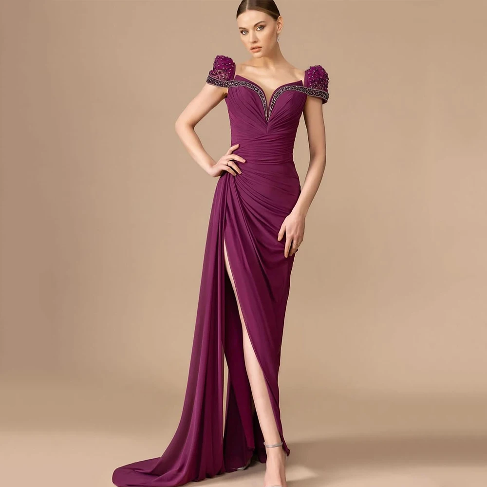 Grape Purple Evening Dress Short Sleeves V Neck Pleat Beading Sequined High Split Chiffon Mermaid Prom Dresses Saudi Party Gown