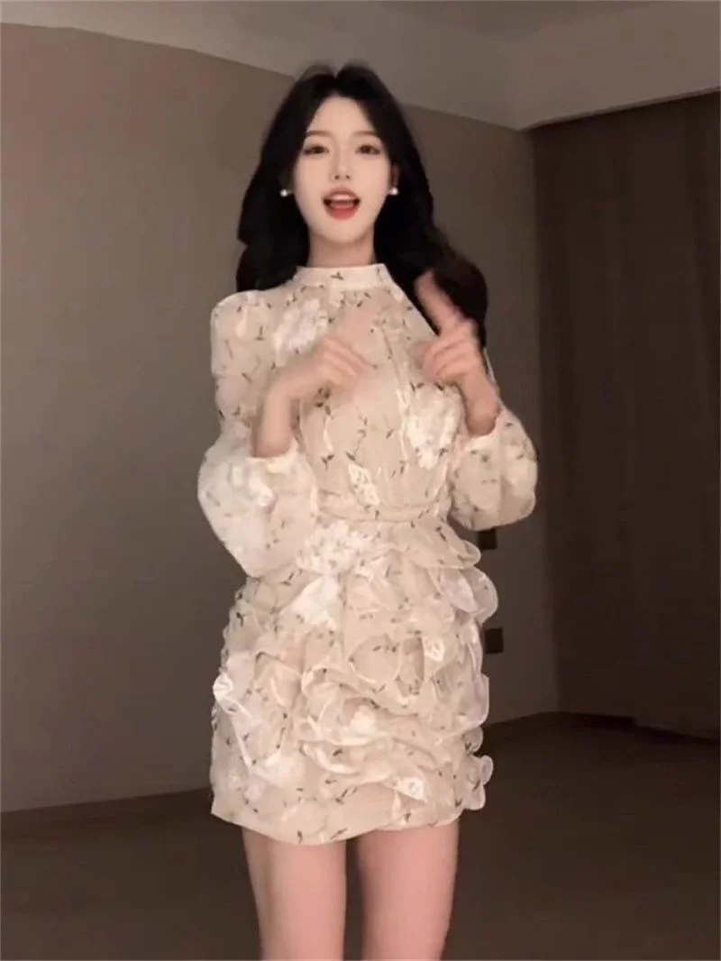 新作高級ファッションミニドレス レディース 花柄プリント ロングスリーブ スリムウエスト シャーリングシフォンドレス フリル付きワンピース 秋物