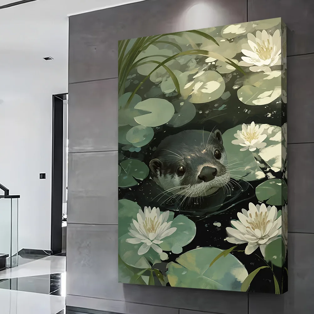 Otter in Lily Pond Printing Poster Customizable Pictures Wall Art Canvas Painting for Bathroom Decor Bedroom Decoration Room