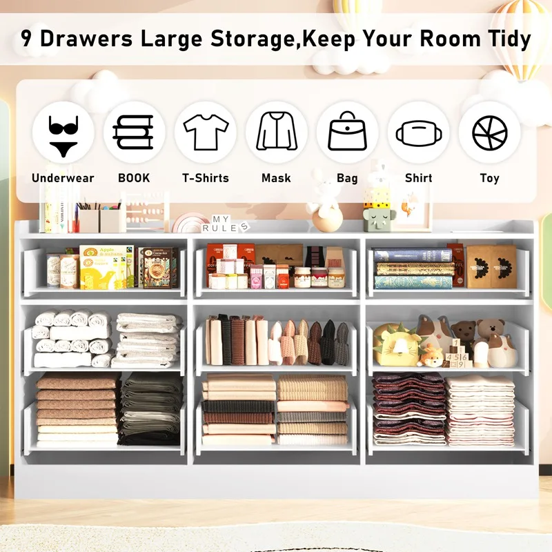9 Drawer Dresser with Power Outlet & LED Light, Modern Chest of Drawers for Closet, 63" Drawer Organizer Cabinet for Bedroom image 3