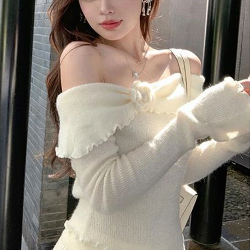 Women Sexy off Shoulder Knit Sweater Spring Autumn Pullover Jumper Tops Lady Casual Irregular Long Flared Sleeves Knitwear Shirt